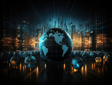 Globe and city on technological background. 3d rendering toned image double exposureの素材