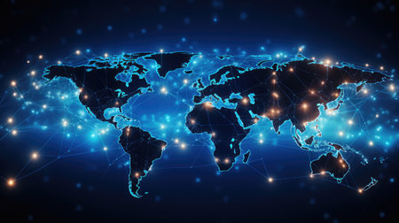 World map with glowing lines and dots on dark background.の素材