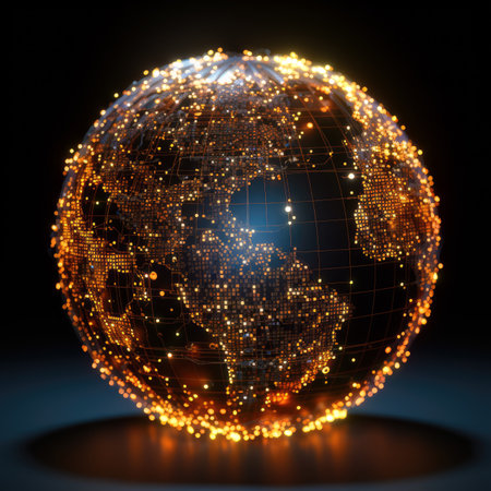 Abstract digital globe with connected lines and dots. Global network connection. illustration art.の素材