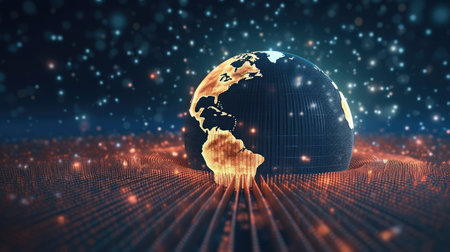 Abstract digital globe with connected lines and dots. Global network connection. illustration art.の素材