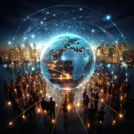 Abstract image of people silhouettes and globe on the background of the city.の素材