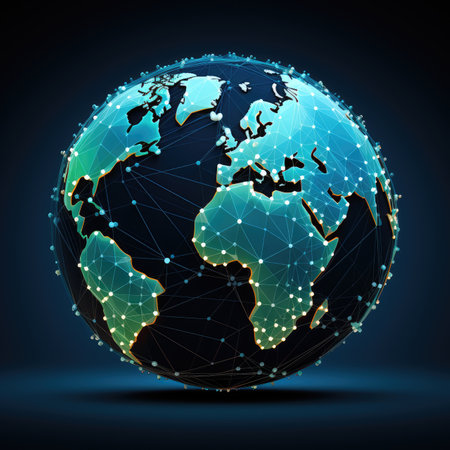 Abstract digital globe with connected lines and dots. Global network connection. illustration art.の素材