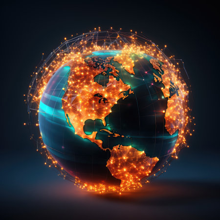 Abstract digital globe with connected lines and dots. Global network connection. illustration art.の素材