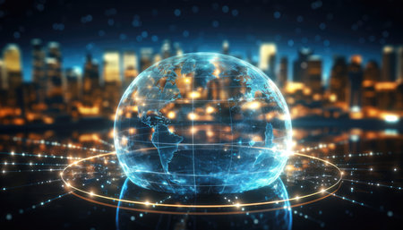 Globe with glowing dots and lines on night city background 3Dの素材
