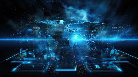 Abstract digital technology background with world map.の素材