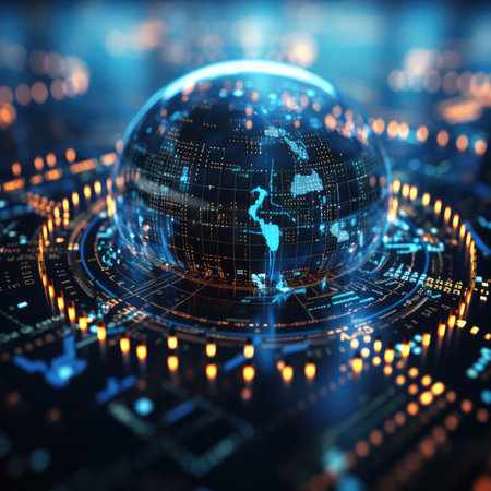 abstract digital globe with world map and glowing lightsの素材