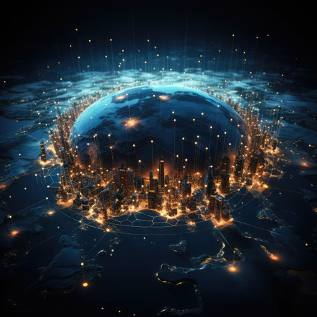 Globe and city on technological background. 3d rendering toned image double exposure.の素材
