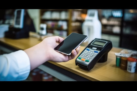 Hand of woman using mobile smart phone with payment terminal and drugstore backgroundの素材