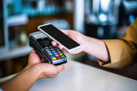 Closeup of businesswoman using mobile phone and credit card reader in cafeの素材