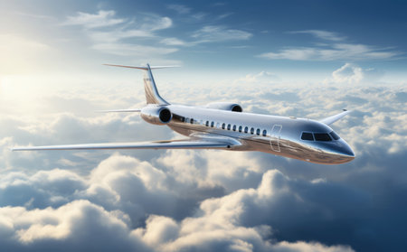 Small private jet flying in the blue sky with clouds.の素材