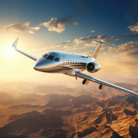 Small private jet flying in the blue sky with clouds at sunset.の素材