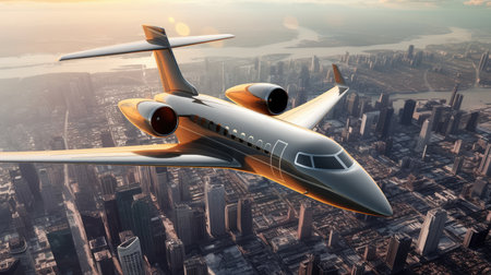Airplane flying over the city. 3d illustration. Clip-artの素材