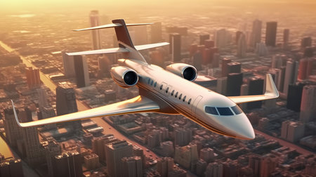 Airplane flying over the city. 3d illustration. Clip-artの素材