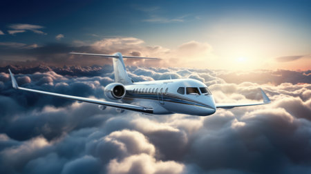 Private jet flying in the blue sky with clouds at sunset.の素材