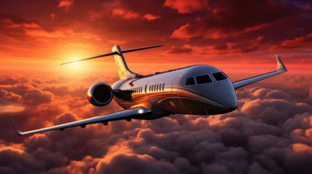 Commercial airplane flying above clouds at sunset.の素材