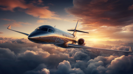 Small private jet flying in the blue sky with clouds at sunset.の素材