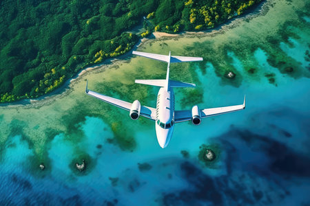 Small private jet flying over the sea. View from above.の素材