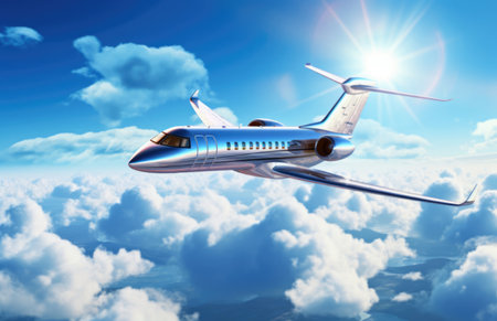 Commercial airplane flying above clouds with blue sky.の素材