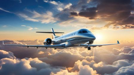 Small private jet flying in the blue sky with clouds at sunset.の素材