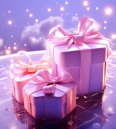 gift boxes with bow on bokeh background, 3d style.の素材
