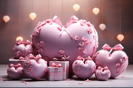Pink heart-shaped balloons and gift boxes on a wooden background.の素材