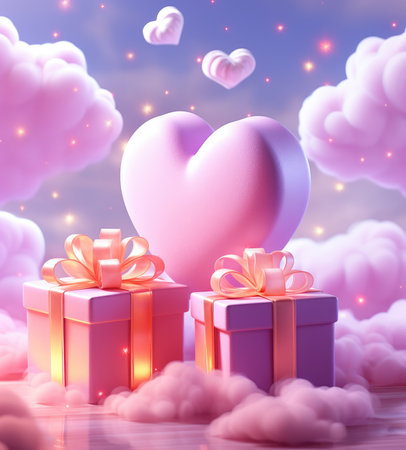 gift boxes with bow and heart on bokeh background with cloud, 3d style.の素材