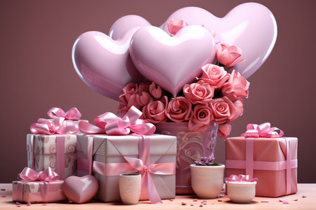 Valentine's Day background with roses, gift boxes and heartsの素材