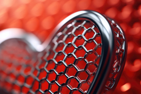 Heart-shaped perforated metal on a red background.の素材