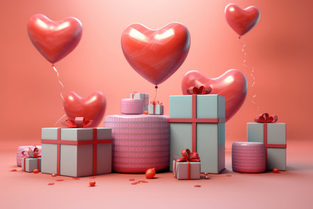 Valentine's day background with gift boxes and hearts. 3d style.の素材
