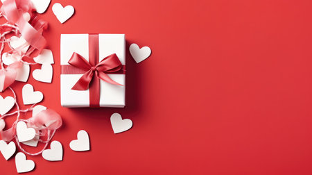 Gift box with red ribbon and hearts on a red background.の素材