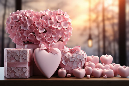 Valentine's day background with hearts and gift boxes. 3D style.の素材