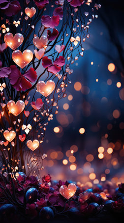 Valentine's day background with hearts, flowers and bokehの素材