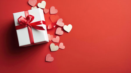 Gift box with red ribbon and hearts on a red background.の素材