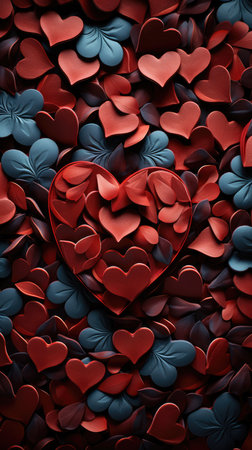 Red heart made of paper flowers on dark background. 3d illustrationの素材