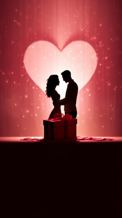 Silhouette of a loving couple against a red background with heartsの素材