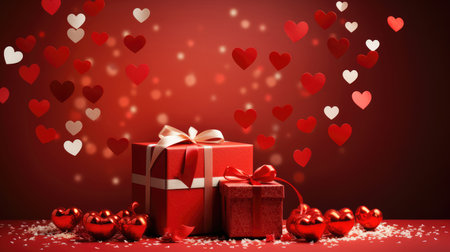 Valentine's day background with red gift box and red heartsの素材