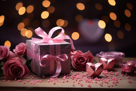 Valentines day background with roses and gift box on wooden tableの素材