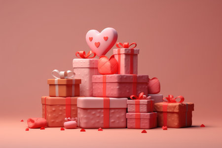Valentine's day background with gift boxes and hearts. 3d style.の素材