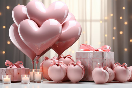 Valentine's day background with heart-shaped balloons and gift boxesの素材