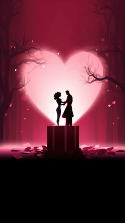 Silhouette of a loving couple against a red background with heartsの素材