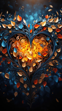 Heart from leaves on a dark blue background.の素材
