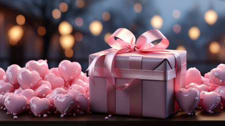 Valentines day background with roses and gift box on wooden tableの素材