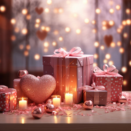 Valentines day background with roses and gift box on wooden tableの素材