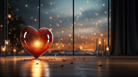 Red glass heart on wooden floor. Valentines day concept.の素材