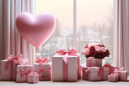 Valentine's day background with hearts and gift boxes. 3D style.の素材