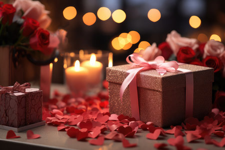 Beautiful gift box with flowers and candles on table against defocused lights.の素材