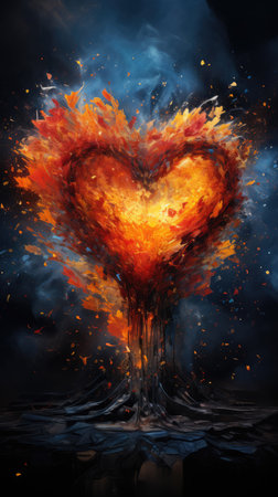 Burning heart on a black background. Red and orange colors.の素材