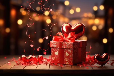 Valentines day background with roses and gift box on wooden tableの素材
