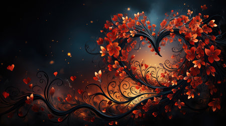Romantic background with heart-shaped branches and leaves.の素材