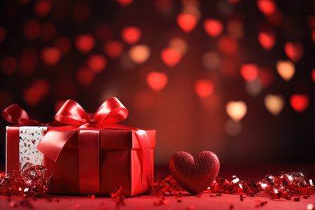 Valentine's day red background with gift boxes and hearts.の素材